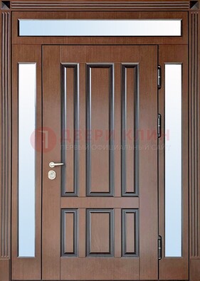 Железная дверь со стеклом и фрамугами в коричневом цвете ДФГ-8 в Черноголовке