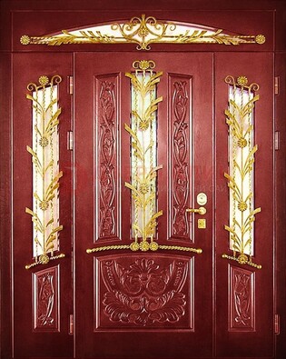 Бордовая железная парадная дверь со стеклом и ковкой ДПР-75 в Старой Купавне