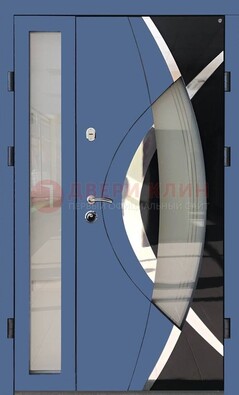 Синяя металлическая дверь со стеклом и узором ДС-13 в Нижнем Новгороде