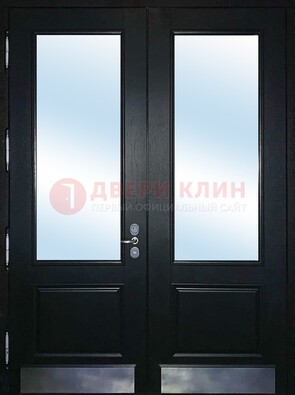 Черная двухстворчатая металлическая дверь со стеклом ДС-25 в Нижнем Новгороде