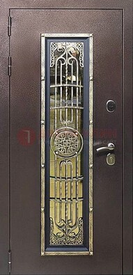 Железная дверь цвета медный антик со стеклом и ковкой ДСК-105 в Нижнем Новгороде