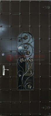 Высокая железная дверь со стеклом и ковкой ДСК-15 в Санкт-Петербурге