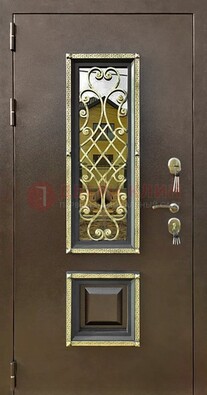 Входная дверь порошок со стеклом и ковкой для коттеджа ДСК-166 в Дубне