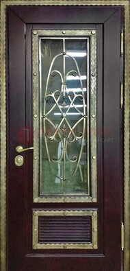 Темная уличная дверь порошок со стеклом и ковкой ДСК-167 в Нижнем Новгороде