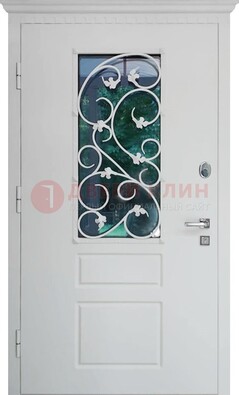 Белая металлическая дверь винорит со стеклом и ковкой ДСК-184 в Нижнем Новгороде