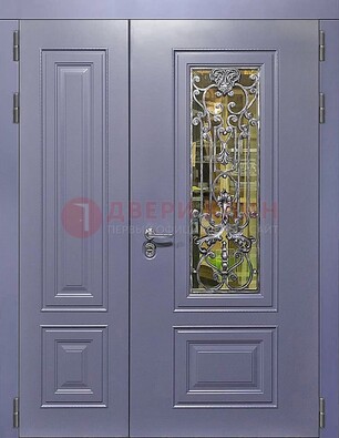 Сиреневая стальная дверь со стеклом и ковкой ДСК-199 в Нижнем Новгороде