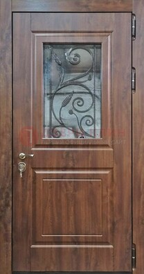 Железная дверь Винорит стекло и ковка с цветом под дерево ДСК-266 в Ярославле