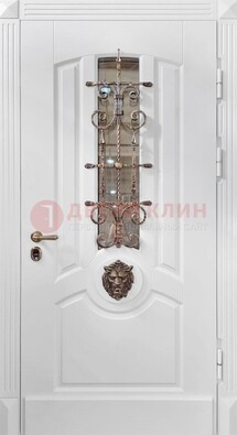 Белая металлическая дверь с виноритом и стеклом с ковкой ДВТ-165 в Нижнем Новгороде