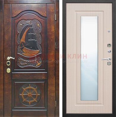 Темная уличная дверь с резьбой и зеркалом внутри ДЗ-49 в Казани