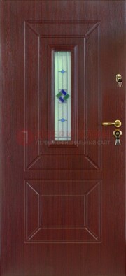 Бордовая железная дверь с витражом и отделкой массив ВЖ-3 в Выборге